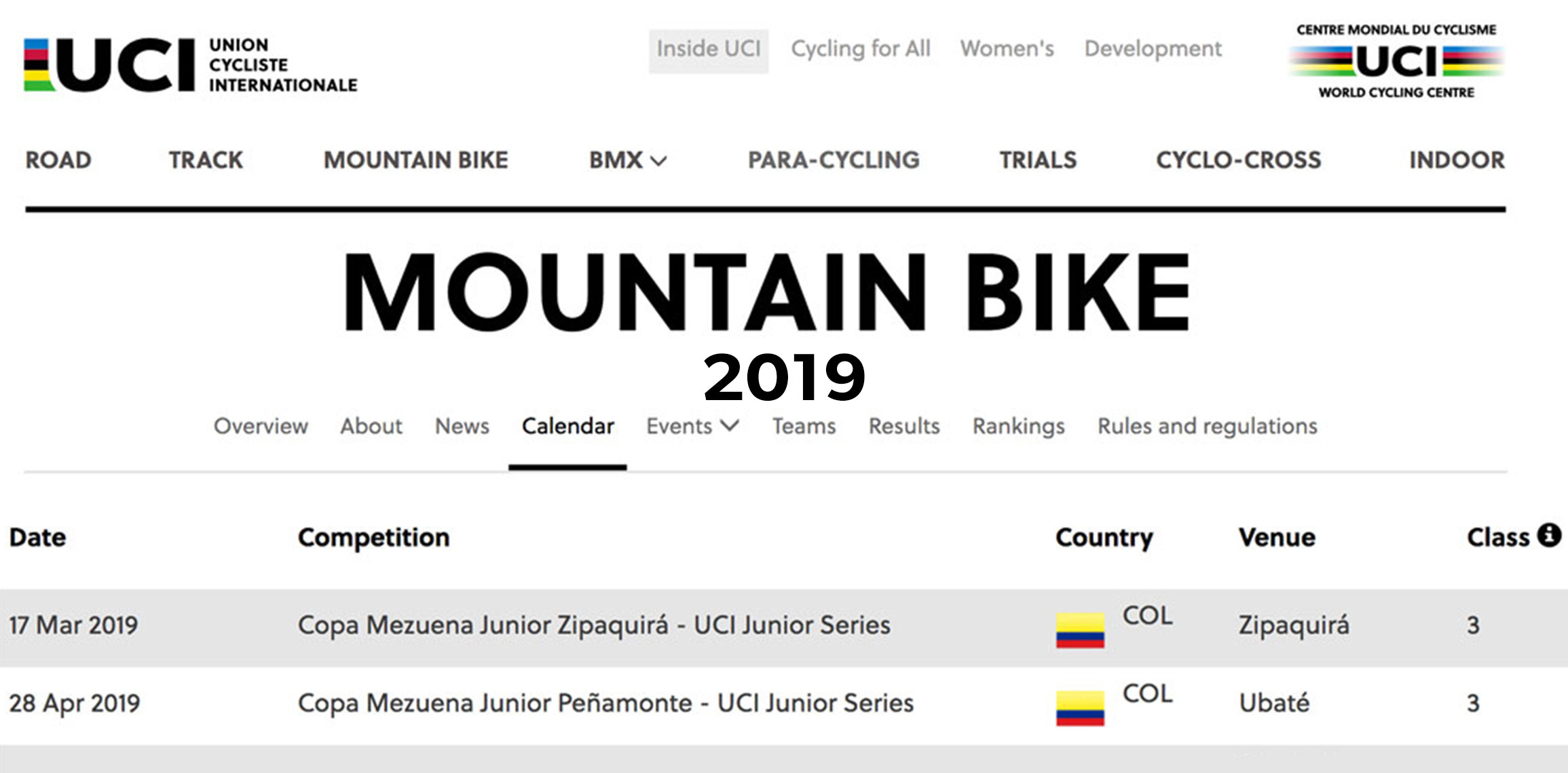 Calendario Oficial Copa Mezuena 2019 con dos Validas UCI